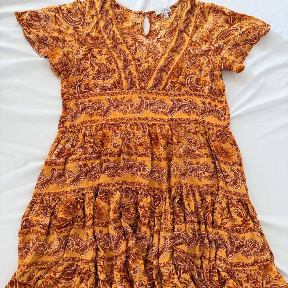 Patrons of Peace Mini Dress Orange Paisley Floral Festival Spring Summer L Boho